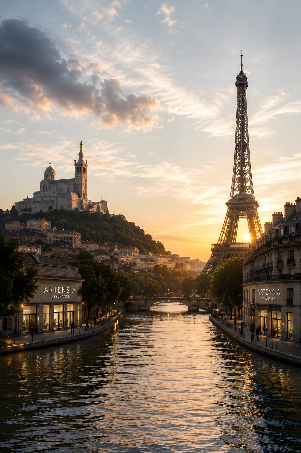 Tour Eiffel et Notre-Dame de la Garde au coucher du soleil, enseigne Artensia Assurance