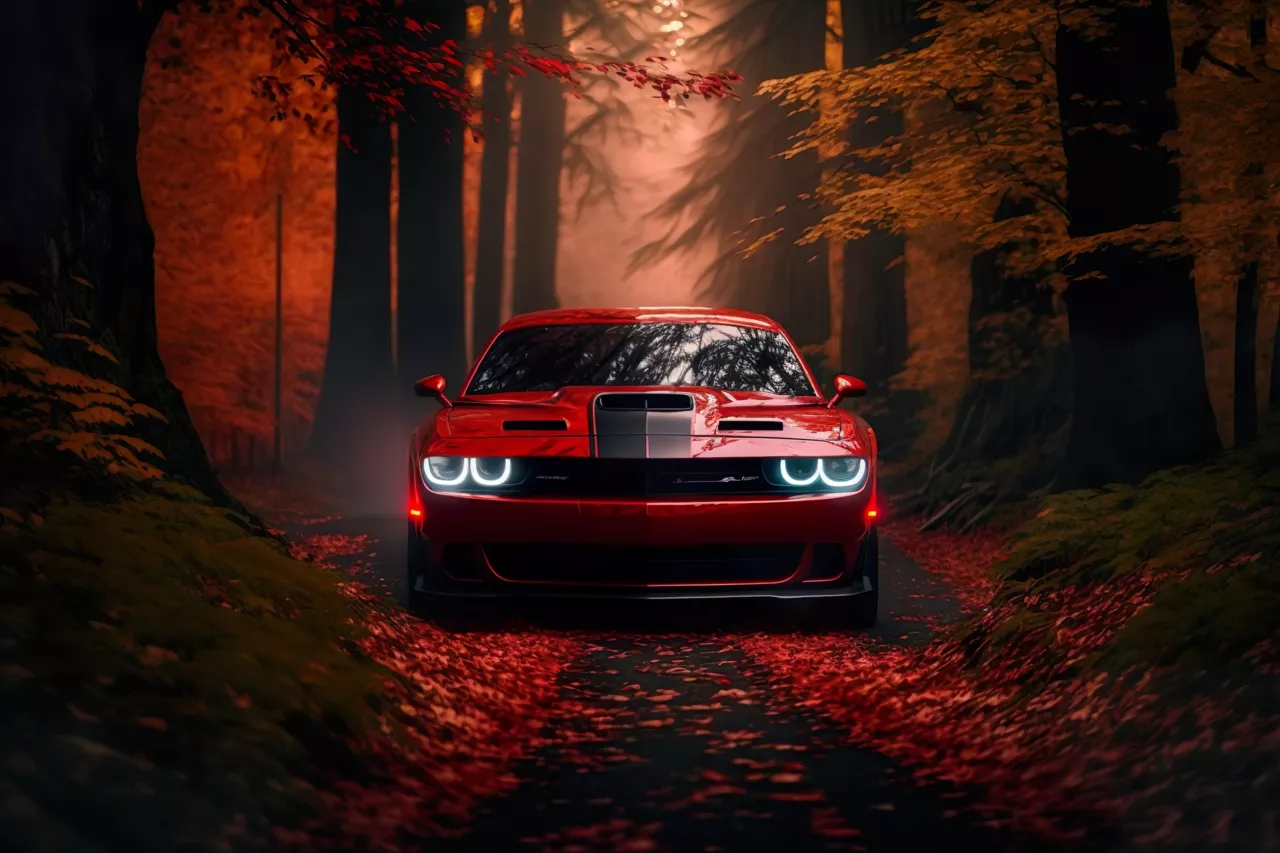 Voiture sportive rouge dans une forêt automnale, feuilles tombées et brouillard au loin.