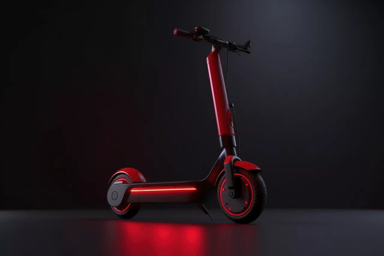 Assurance pour trottinette électrique Artensia - Trottinette électrique moderne rouge sur fond sombre avec éclairage LED rouge.