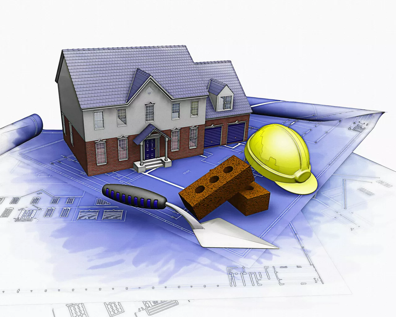 Maquette de maison avec casque de sécurité et plans d'architecture.