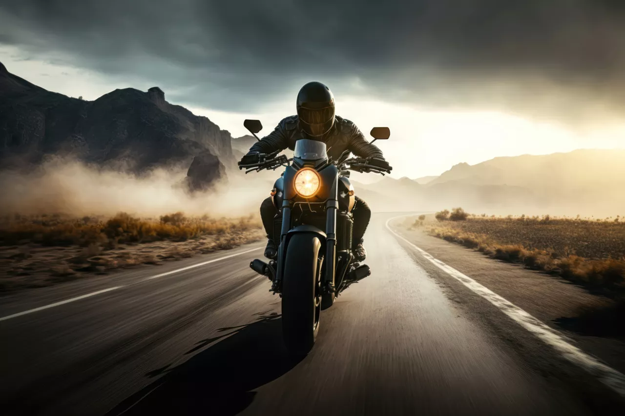 Motard en tenue noire conduisant sur route déserte, montagnes et ciel nuageux en fond.